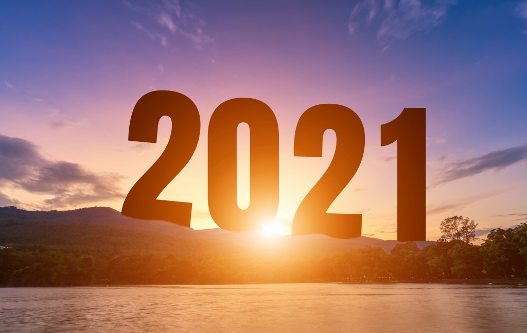Happy New Year Numbers 2021, landscape lake views at Silhouette the hill early in nature forest Mountain views with evening blue dramatic sunset sky  background, Happy new year concept.